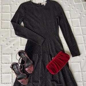 NWT Michael Kors Black & Gold Glitter Long Sleeve Stretch Flounce Dress SIZE XS